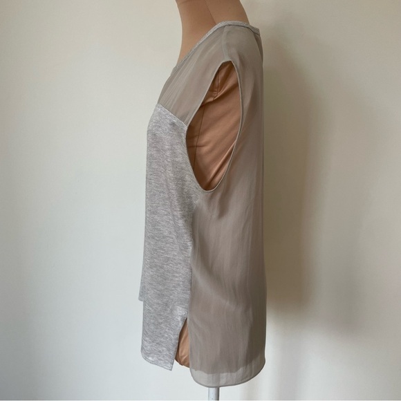 Helmut Lang Dash Silk-Chiffon Combo Gray Round Neck Semi Sheer Blouse Size Small - Picture 3 of 8